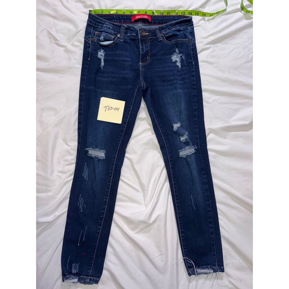 GOGO STAR Womens Distressed Skinny Jeans Dark Wash Ripped Raw Hem Size 5 T07-04